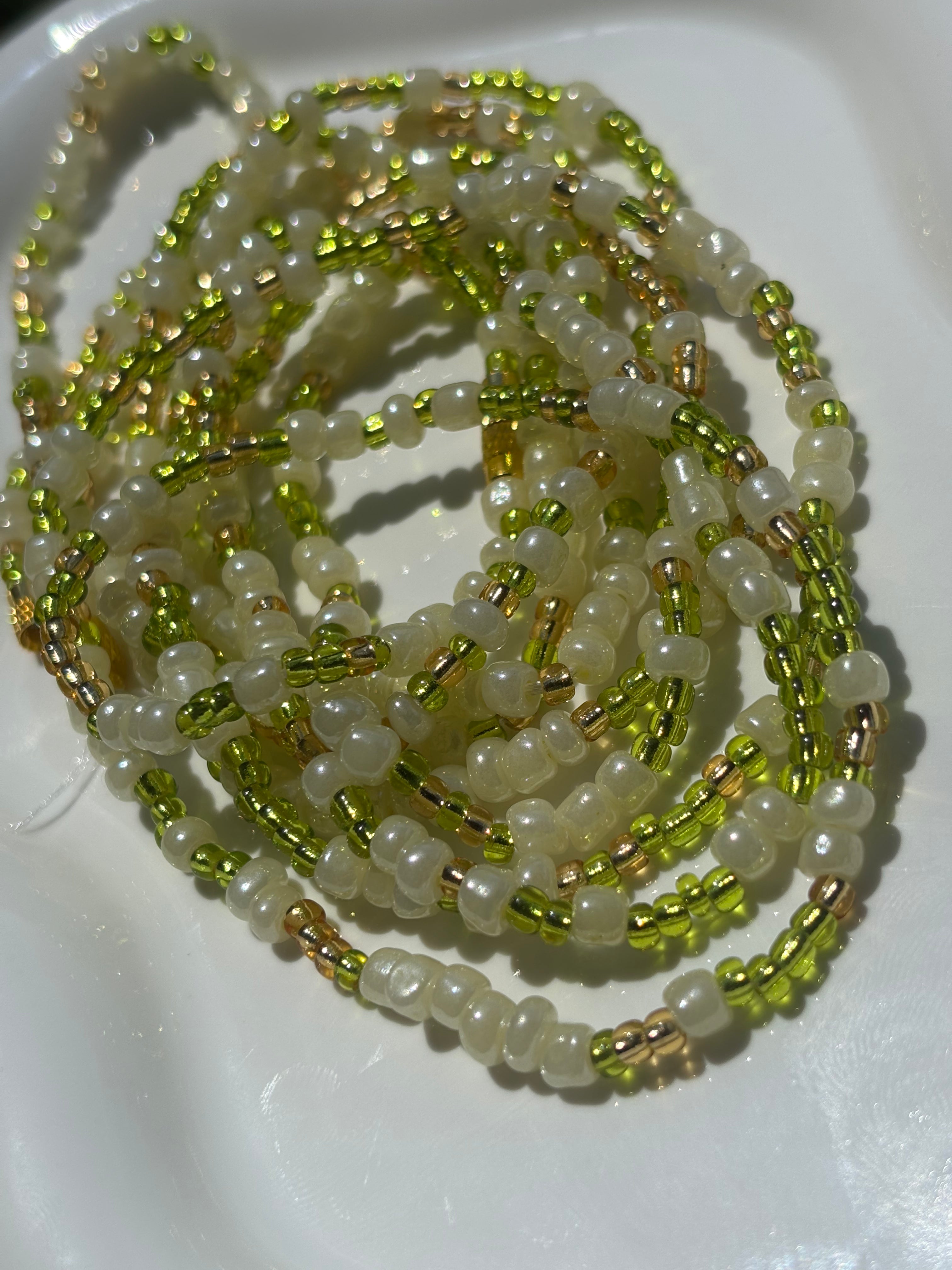Verdant Glow Waist Beads | Handmade Green & White Body Jewelry