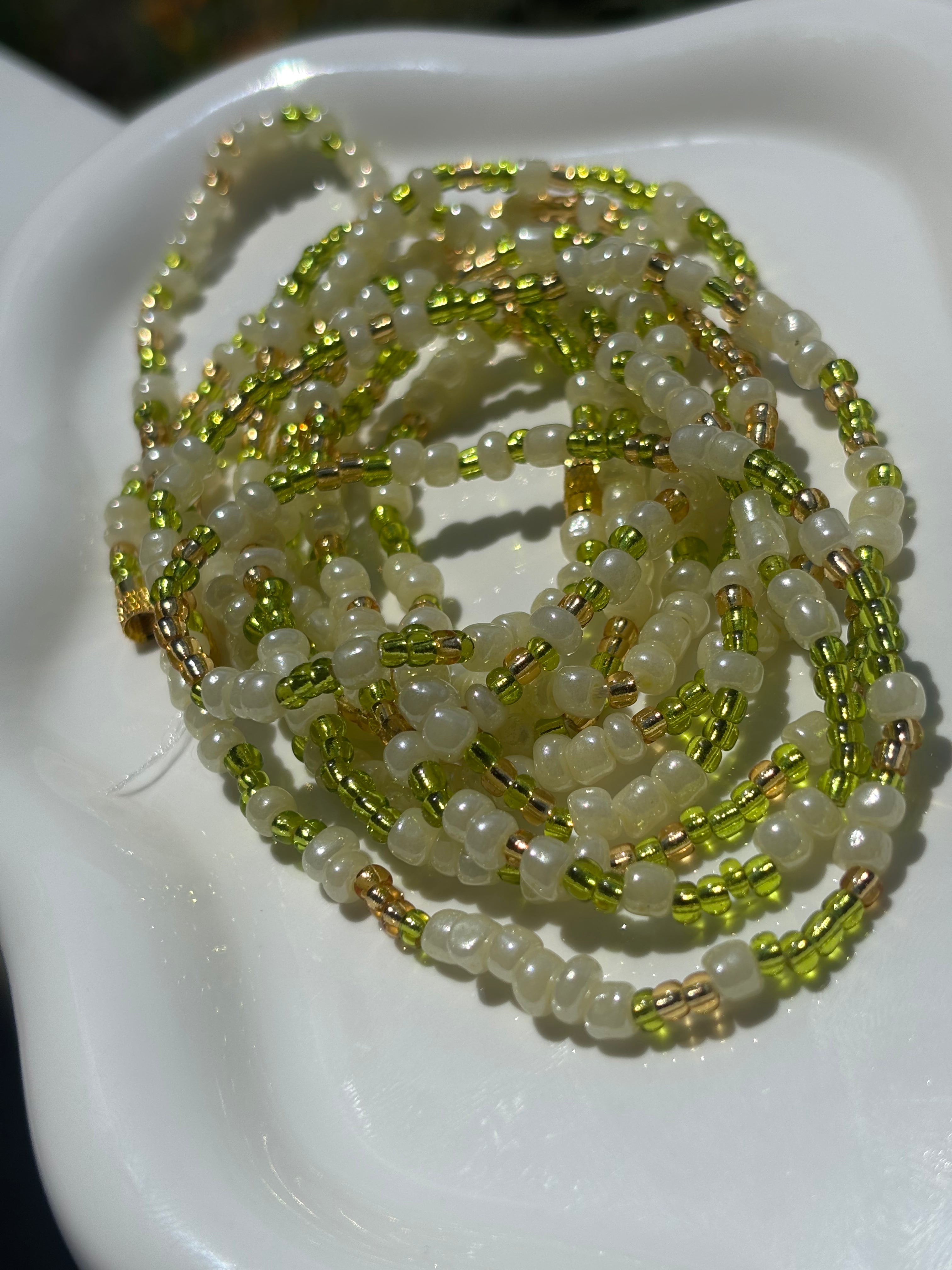 Verdant Glow Waist Beads | Handmade Green & White Body Jewelry